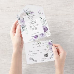 Invitation Tout En Un Lavender Lilac Purple Peonies Mariage de verdure