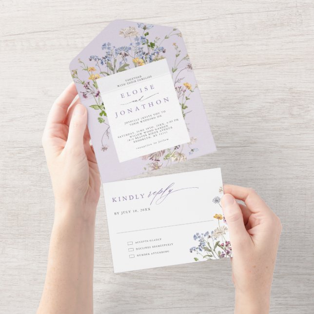 Invitation Tout En Un Lavender Spring Wildflower Meadow Garden Wedding   (Déchirure)