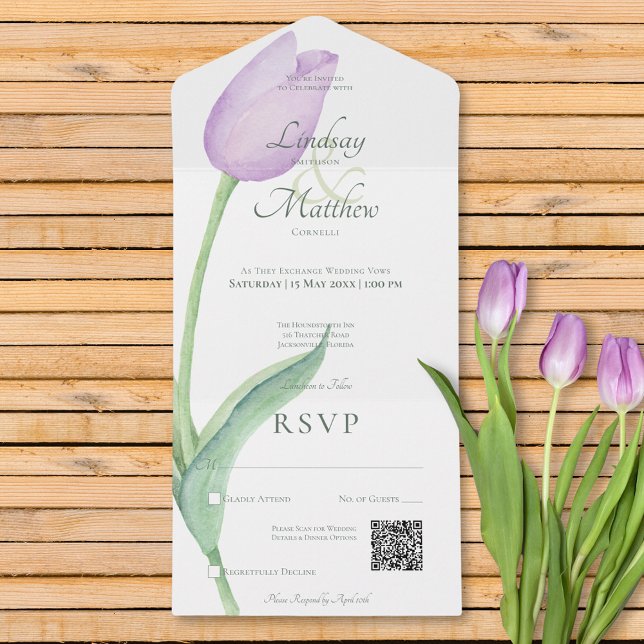 Invitation Tout En Un Lavender Tulip violet solo moderne QR Code (Lavender Tulip Solo Purple Modern QR Code All In One Invitation)