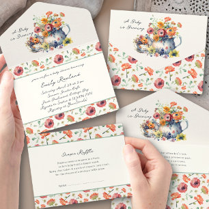 Invitation Tout En Un Le bébé brasse du Baby shower de théière floral