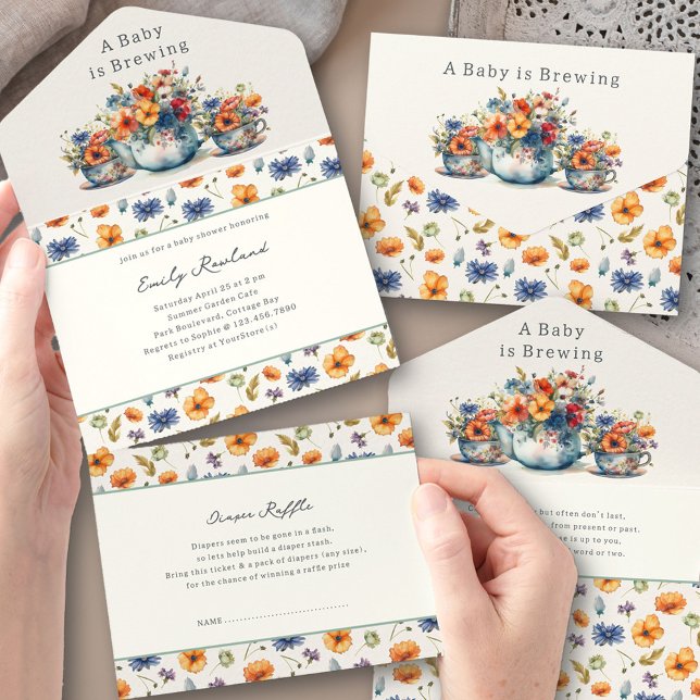 Invitation Tout En Un Le bébé est en train de brasser le Baby shower de  (Trifold Baby Shower Invitation. All-in-One design with book request + tear-off Diaper Raffle Ticket)