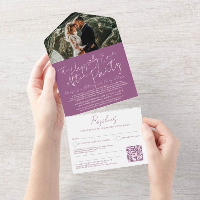 Invitation Tout En Un Le bonheur jamais après la fête de mariage mauve v (Déchirure)