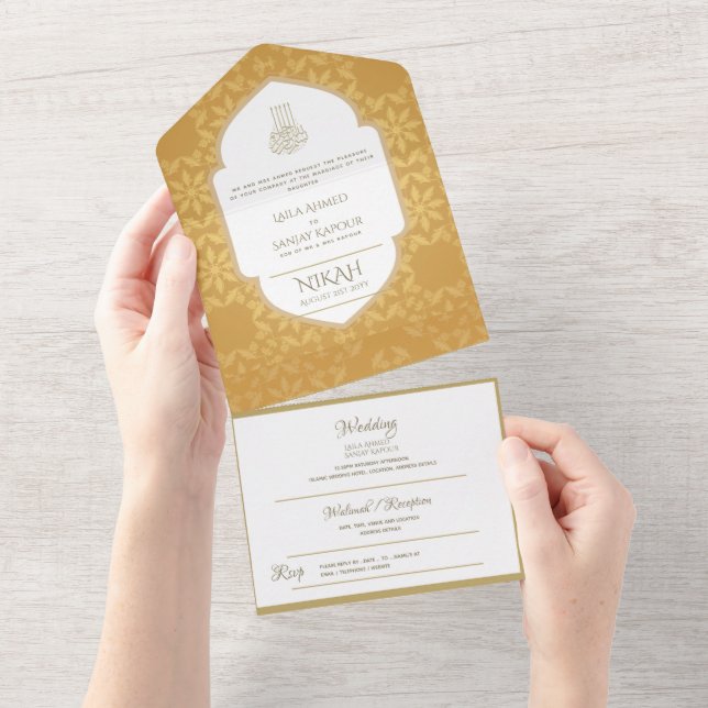 Invitation Tout En Un Le MARIAGE Islamique NIKAH WALLIMAH Gold Ornait (Déchirure)