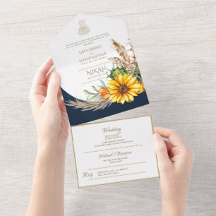 Invitation Tout En Un LeahG Bleu Tournesol Floral Mariage musulman islam