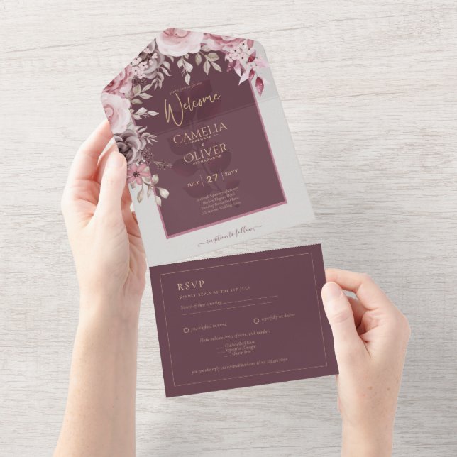 Invitation Tout En Un LeahG Burgundy Blush Rose Roses Mariage de automne (Déchirure)