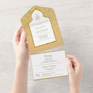 Invitation Tout En Un LeahG Gold Paisley Mariage musulman islamique Invi
