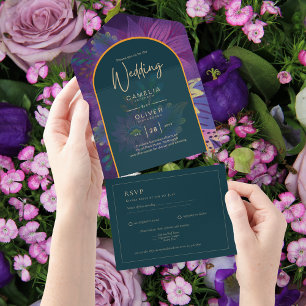 Invitation Tout En Un LeahG Green Purple Gold JEWEL TONES Mariage INVITE