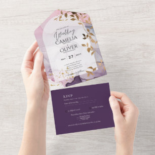 Invitation Tout En Un LeahG Ink Ombre violet rose rose Mariage or