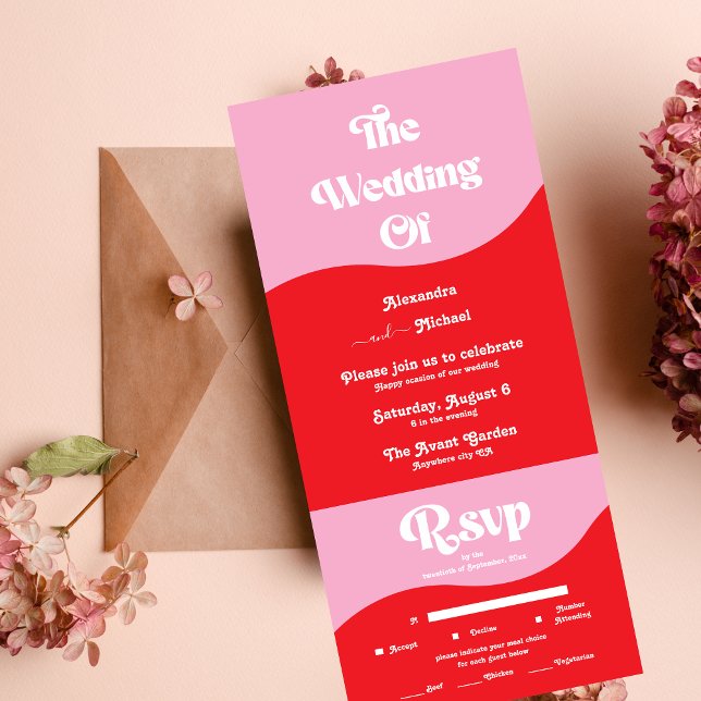 Invitation Tout En Un Les années 70 rétro rose et Mariage rouge néon (Créateur téléchargé)