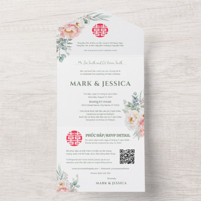 Invitation Tout En Un Les pivoines vietnamiennes bilingues traditionnell (À l'intérieur)