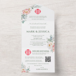 Invitation Tout En Un Les pivoines vietnamiennes bilingues traditionnell