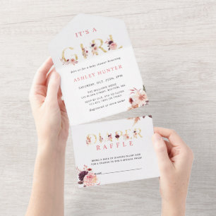 Invitation Tout En Un Letra floral Gold Baby Shower   Diaper Raffle