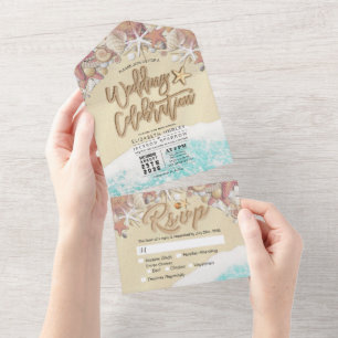 Invitation Tout En Un Lettre de sable Starfish Seashell Summer Beach Mar