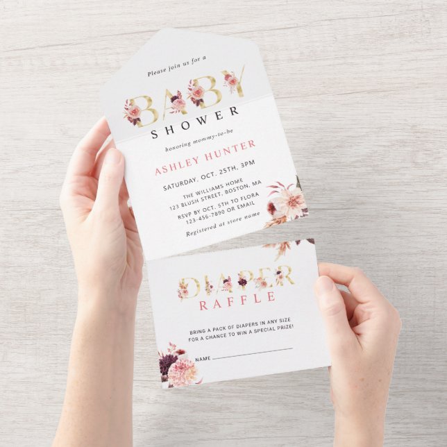 Invitation Tout En Un Lettre or florale Baby shower | Raffle de couches (Déchirure)