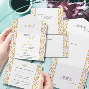 Invitation Tout En Un Ligne Botanique Abstraite Foliage Blanc & Aztec Or