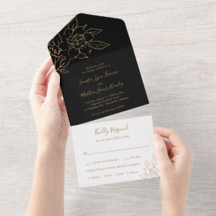 Invitation Tout En Un Ligne Élégante Fleurs Art Mariage Noir et Or
