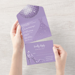 Invitation Tout En Un Lilac Disco Ball, Stiletto & Ball Gown Quinceañera