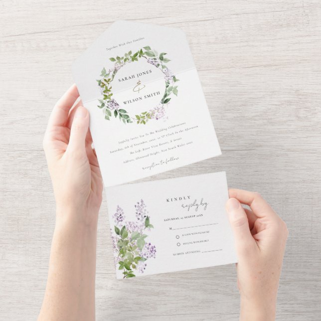 Invitation Tout En Un Lilac Floral Wreath Cottage Jardin Mariage (Déchirure)