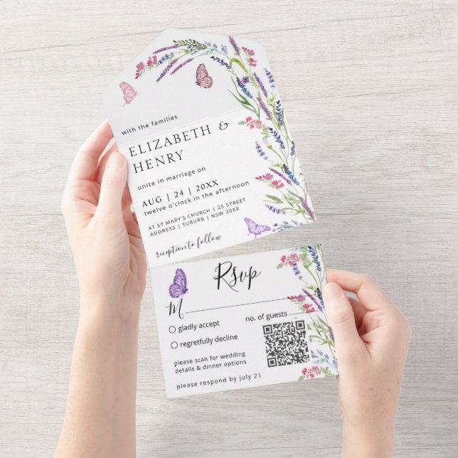 Invitation Tout En Un Lilac Lavender Mauve Mariage Qr Code (Déchirure)