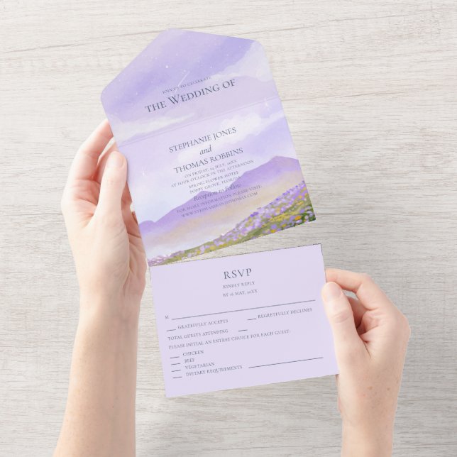 Invitation Tout En Un Lilac Night Sky Mountain Paysage tout en un (Déchirure)
