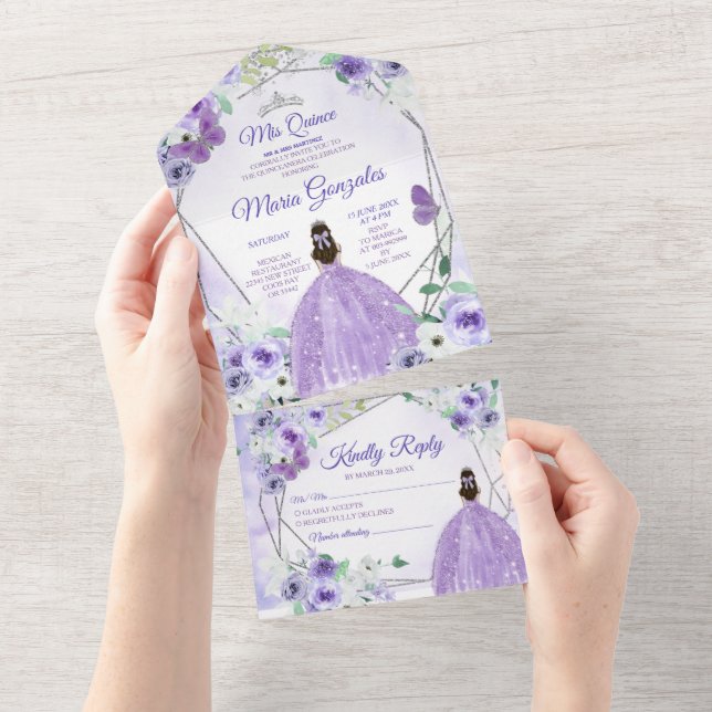 Invitation Tout En Un Lilac Purple Floral Princesse Quinceañera (Déchirure)