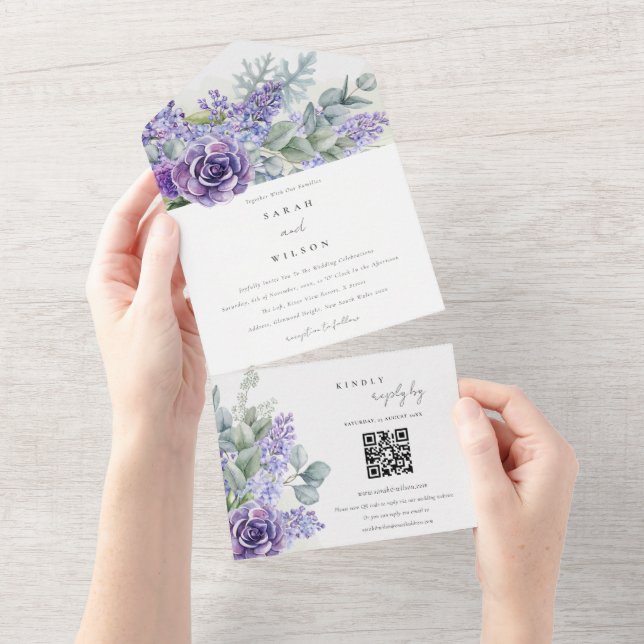 Invitation Tout En Un Lilac Succulent Eucalyptus Foliage Mariage QR Code (Déchirure)
