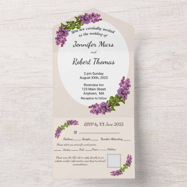 Invitation Tout En Un Lilacs and Cream All in One Wedding Invite (À l'intérieur)