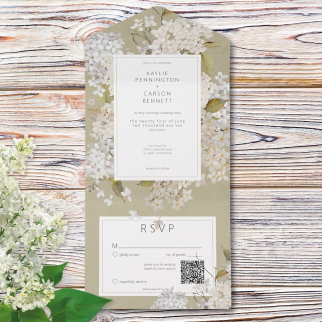 Invitation Tout En Un Lilacs blancs romantiques rustiques sur Sage QR Co (Rustic Romantic White Lilacs on Sage QR Code All In One Invitation)