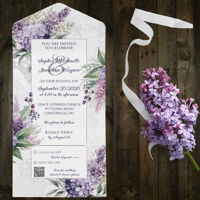 Invitation Tout En Un Lilacs et bruyère sur blanc marbré avec code QR (Créateur téléchargé)