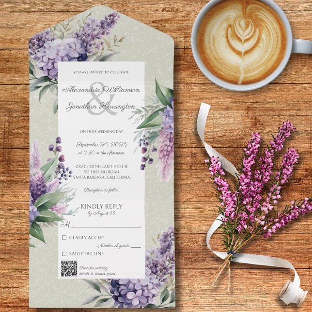 Invitation Tout En Un Lilacs & Heather on Sage Green avec code QR (Créateur téléchargé)