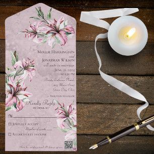 Invitation Tout En Un Liliums roses sur fond mauve en détresse avec code