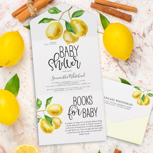 Invitation Tout En Un Livres d'aquarelle à goutte de citron pour Baby sh (Lemon citrus watercolor baby shower all in one invitation includes a tear away books for baby.)