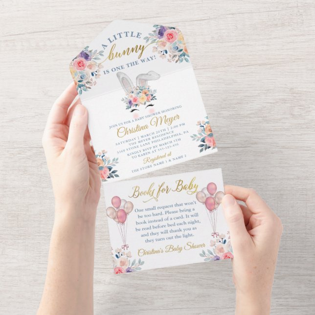 Invitation Tout En Un Livres pour bébé Pink Bunny Floral Baby Shower (Déchirure)