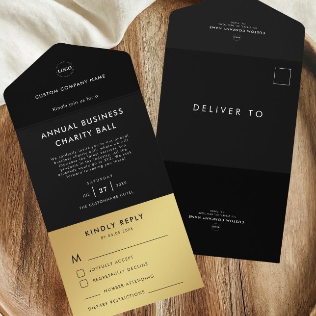 Invitation Tout En Un Logo personnalisé Black Gold Business Event Party  (Créateur téléchargé)