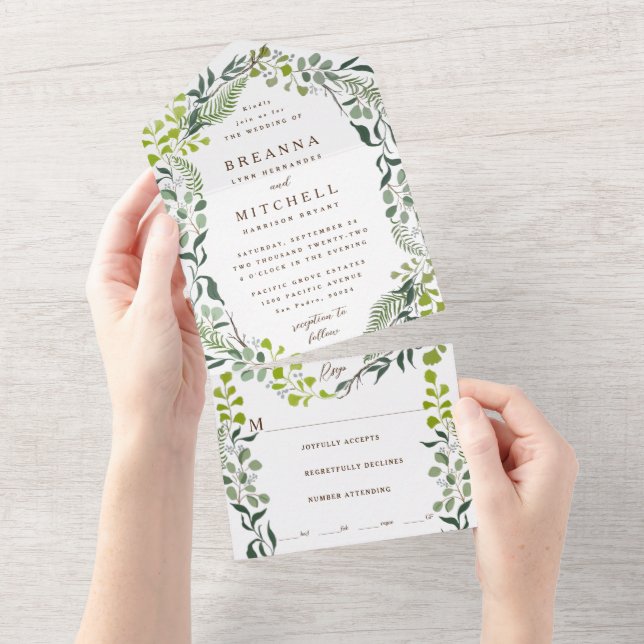 Invitation Tout En Un Loin d'Eucalyptus Hand-Drawn Greenery Wedding (Déchirure)