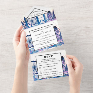 Invitation Tout En Un London City RSVP Aquarelle Bleu Mariage moderne