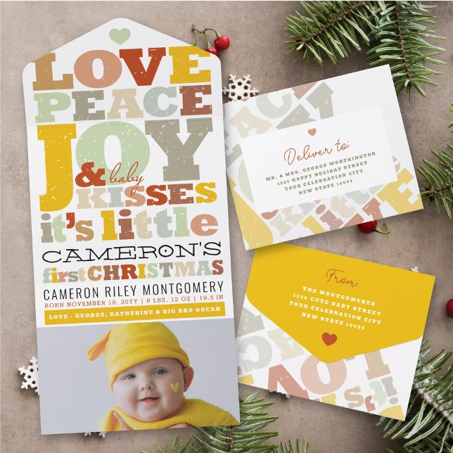 Invitation Tout En Un Love Peace Joy & Baby Kisses Photo Holiday Birth (Créateur téléchargé)