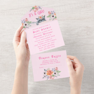 Invitation Tout En Un Lovely Kitten Flowers Pink C'est un Baby shower de