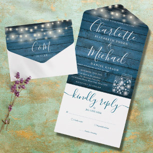 Invitation Tout En Un Lumières à cordes en bois rustique bleu Mariage Bo