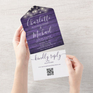 Invitation Tout En Un Lumières à cordes en bois rustique violet Code QR