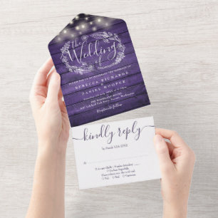 Invitation Tout En Un Lumières à cordes en bois violet rustique pour mar