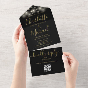 Invitation Tout En Un Lumières à cordes noires et dorées Code QR de mari