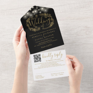 Invitation Tout En Un Lumières à cordes noires et dorées Code QR de mari