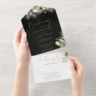 Invitation Tout En Un Lumières à cordes noires et dorées pour mariage av