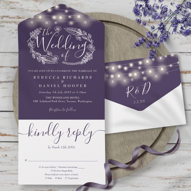 Invitation Tout En Un Lumières à cordes violettes Mariage floral (Purple String Lights Foliage Floral Wedding All In One Invitation)