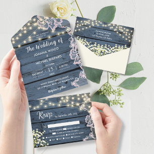 Invitation Tout En Un Lumières Baby's Breath & Dentelle Bleu Nuit Bois T