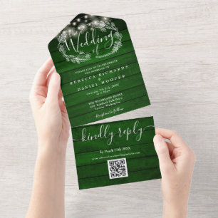 Invitation Tout En Un Lumières de Chaîne en Bois Vert Rustique Code QR M