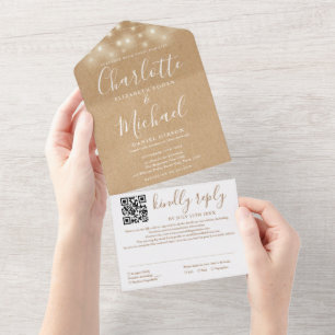 Invitation Tout En Un Lumières de chaîne Kraft rustiques Code QR Mariage