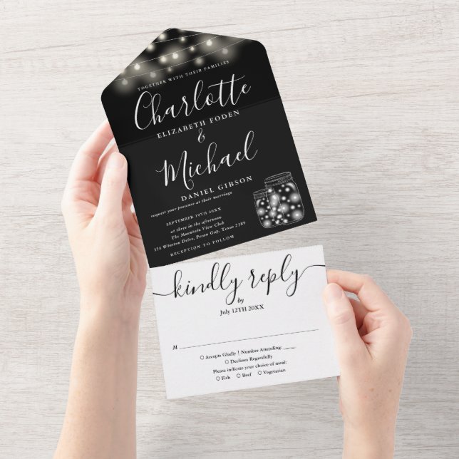 Invitation Tout En Un Lumières de chaîne noires et blanches dans des pot (Déchirure)