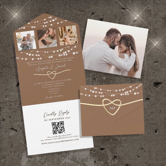 Invitation Tout En Un Lumières de Chaîne Rustiques Mariage Code QR (Créateur téléchargé)